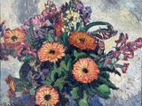 painting of a vase of flowers in a blue vase on a table