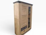 a close up of a wooden cabinet with a glass door