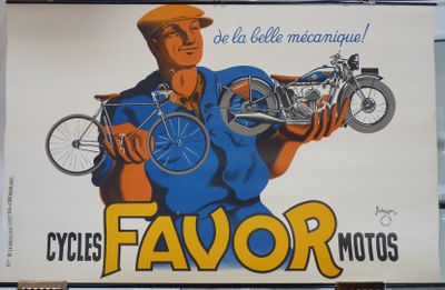 une affiche représentant un homme tenant une moto dans la rue