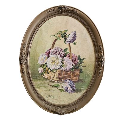 peinture représentant un panier de fleurs posé sur une table, sur fond blanc