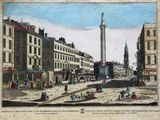 un dessin représentant une tour horloge au cœur d'une ville