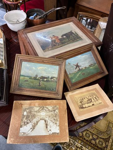 Deux gravures scène de chasse, deux huiles sur panneau non signé,