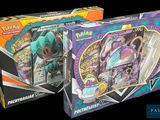 two boxes of pokemon cards are shown in a black background