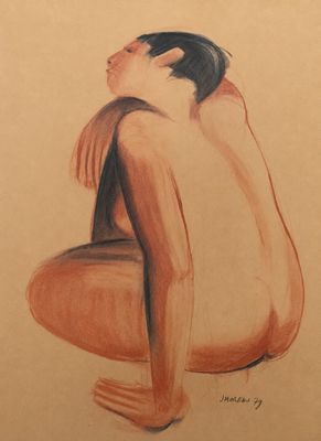 tableau représentant un homme nu assis sur un tabouret, de dos à l'appareil photo