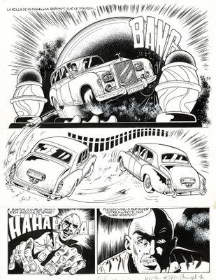 une page d'une bande dessinée avec une voiture et un bus en arrière-plan