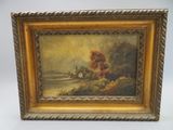 une peinture d'un paysage avec une maison au loin