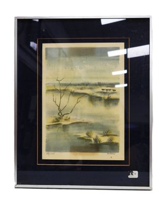 framed and matted watercolor painting of a beach scene with a dead tree in the foreground