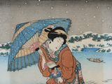 a painting of a woman holding an umbrella in the snow