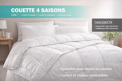 the comforter is white and has four pillows on top of it