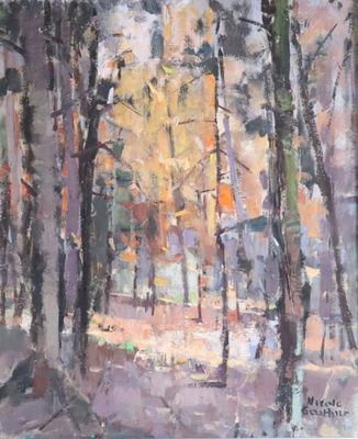 an oil painting of trees in a park with a bench in the foreground