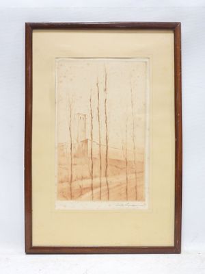 painting of a landscape with trees and a building in the distance