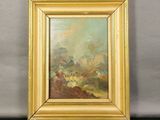 une peinture à l'huile représentant un paysage, dans un cadre doré posé sur un fond noir