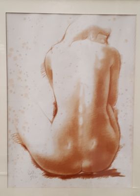 une photo d'un tableau représentant une femme nue, dans un cadre blanc