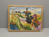 une peinture à l'huile représentant un paysage avec des arbres et des fleurs posée sur une table