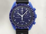 a blue watch with a black strap on a white background