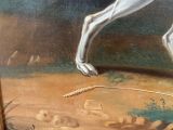 a painting of a white horse jumping over a hill