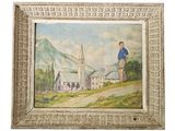 painting of a man standing on a hill with a church in the background