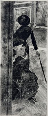 an image of a drawing of a woman with a cane and a dog