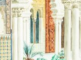 a painting of a building with columns and potted plants