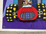 a picture of a cartoon car with people riding in it