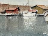 a watercolor painting of a boat in the water