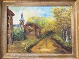 an oil painting of a country road with a church in the background