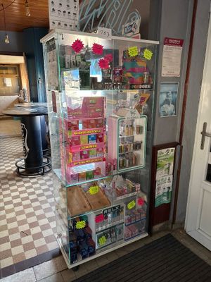a display case with a lot of items inside of it