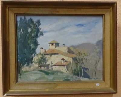 a painting of a house on display in a museum