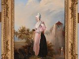 an old painting of a woman standing in front of a building