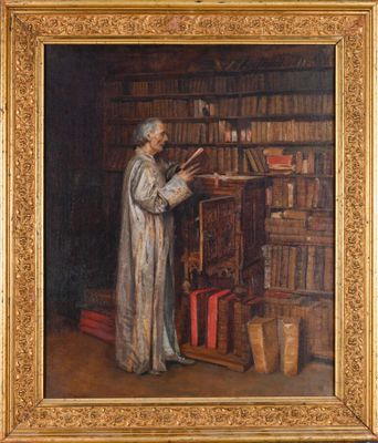 an old painting of a man reading a book in front of a bookshelf