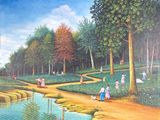 un tableau représentant des gens dans un parc au bord de l'eau