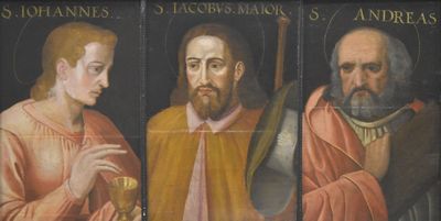 trois tableaux représentant un homme barbu et une femme tenant un verre de vin