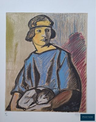 une image représentant le dessin d'une femme avec un chat sur les genoux