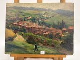 une peinture à l'huile représentant un homme promenant son chien sur une colline
