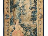 une tapisserie représentant une femme assise sur un banc dans les bois