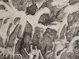 a black and white drawing of a man and a woman in the jungle