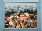 an image of a painting of a small town in the mountains