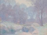 an image of a painting of a river with trees in the background