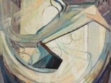une peinture à l'huile représentant un bateau sur un plan d'eau avec des bâtiments à l'arrière-plan