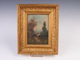 une peinture à l'huile d'un paysage avec une maison au loin