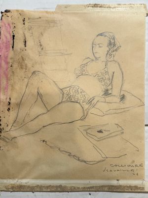 a drawing of a woman reading a book on the floor