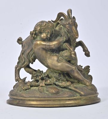 bronze statue of a ram attacking a goat on a rock