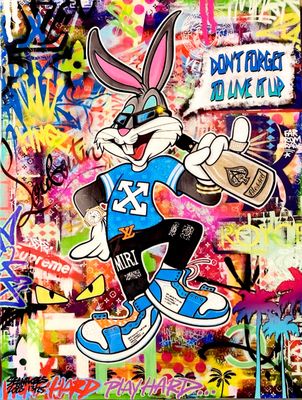painting of a rabbit with a skateboard in front of a wall covered in graffiti
