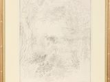 un dessin représentant un paysage avec des arbres et des buissons, dans un cadre doré