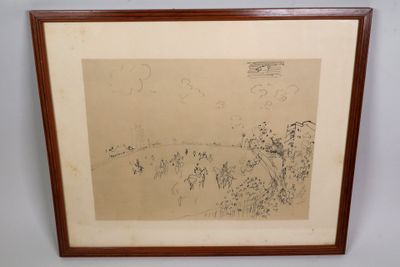 un dessin encadré représentant un paysage avec des arbres en arrière-plan