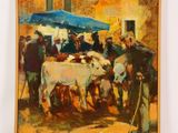 a painting of a group of people standing around a group of animals