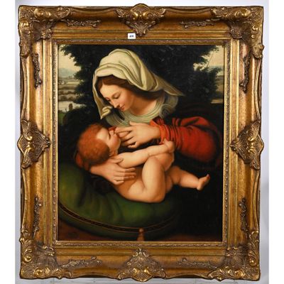 une peinture représentant une femme tenant un bébé sur ses genoux