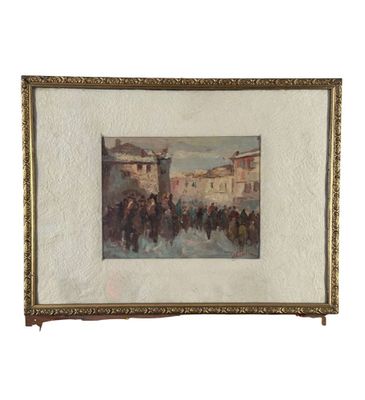 an oil painting of a crowd of people walking down a street