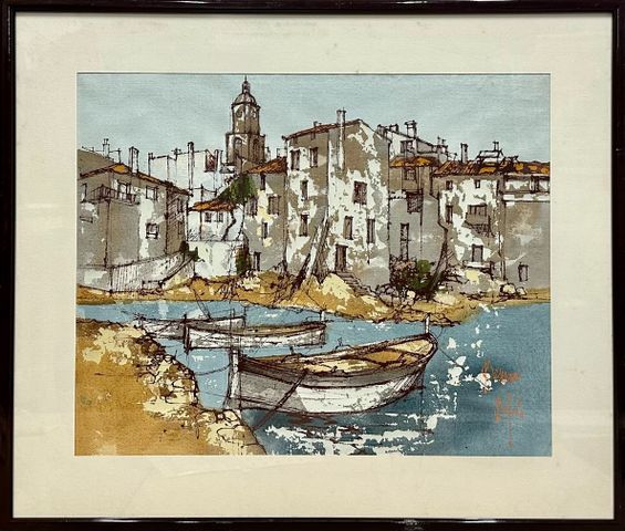 Bernard DUFOUR (1922-2016) « barques amarrées ». Huile sur toile.