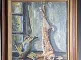 painting of a cat and a bird in a room with a window